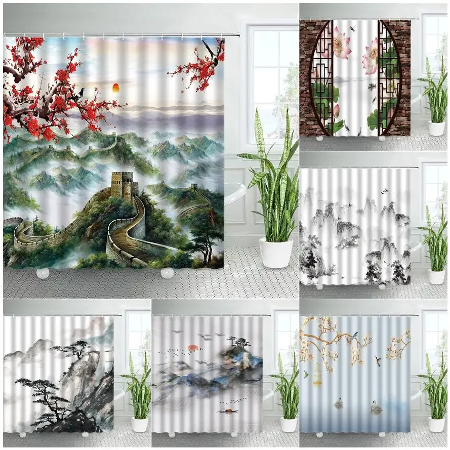 Chinese Great Wall Landscape Shower Curtain Red Flower Ink Style Print Modern Bath Curtains Waterproof Fabric Bathroom Decor Set