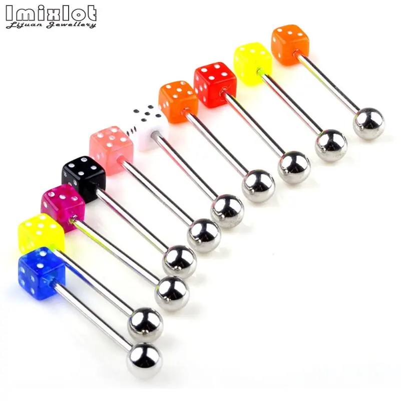 Imixlot 10pcs Stainless Steel Tongue Rings Women Colorful Acrylic Dice Barbell Bar Piercing Tongue Body Piercing Jewelry