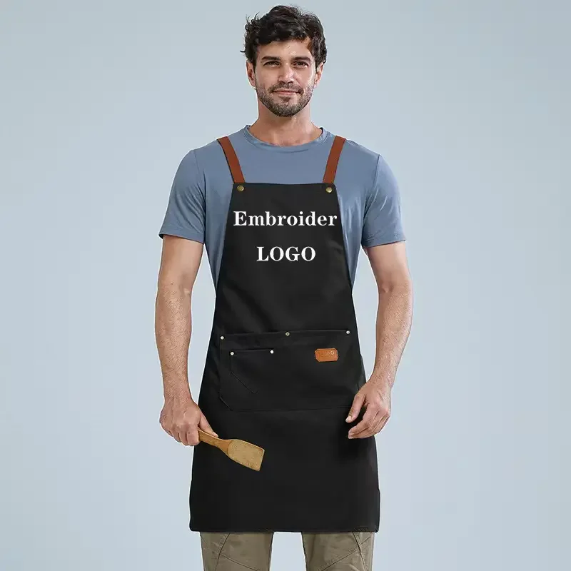 

Custom embroidered kitchen apron in black, one-size fit for cooking and baking