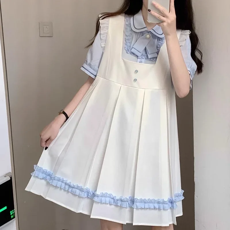 Uniforme JK de estilo japonés para niñas, Top de manga corta con borde de encaje, cuello de volantes, Falda plisada hasta la rodilla, color blanco, azul, Verano