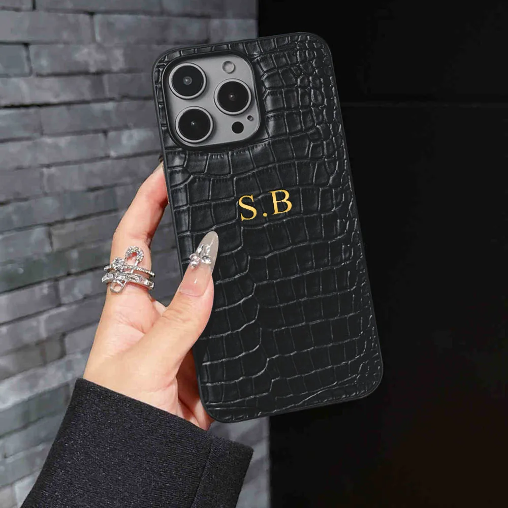 Personalized Customized Initials Name Case For iPhone 17 16 15 14 13 12 11 Pro Max 17 Air Luxury Soft Crocodile Leather Cover