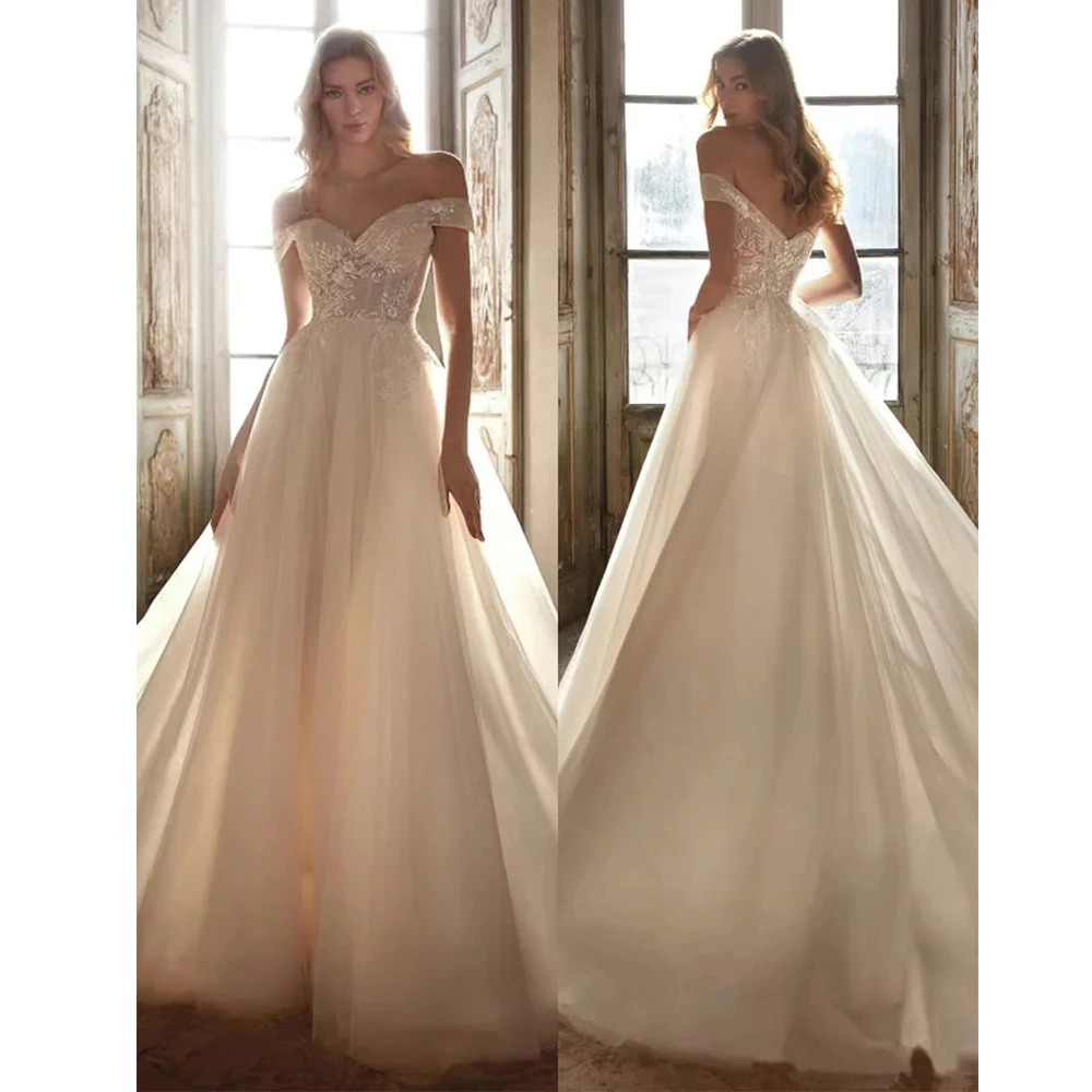 a-line flowy wedding dress sleeveless illution applique bridal gowns with v-back and slit