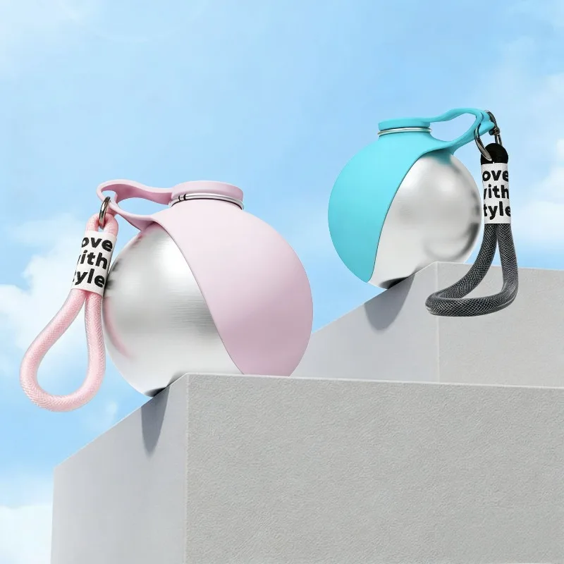 New Pet Products Stainless Steel Kettle Cat Dog Round Portable Water Cup Hook Folding Silicone Outdoor Water Drinker