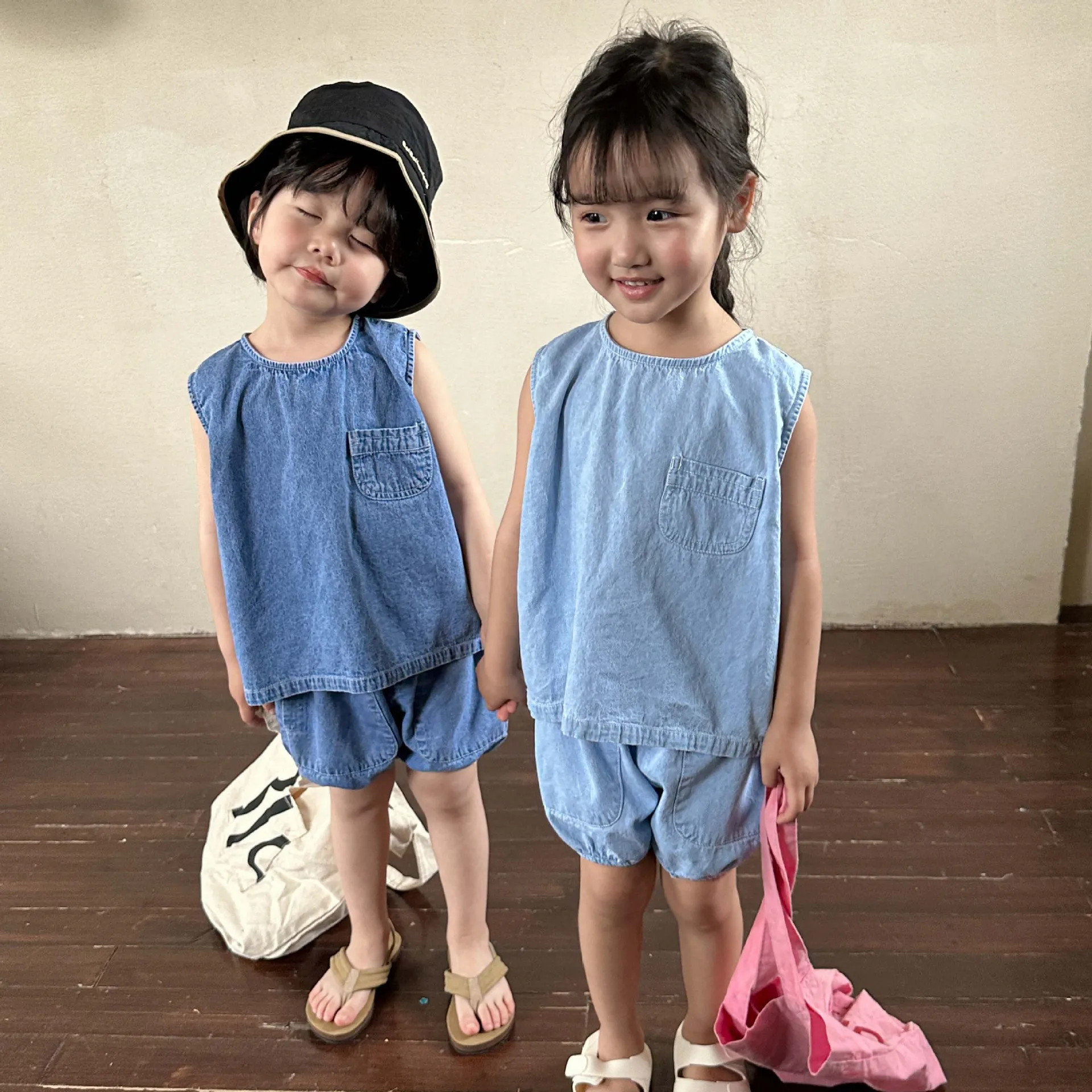 Summer Boy Children Denim Vest Set Girl Baby Pocket Sleeveless Solid Casual Tops + Short Jeans 2pcs Kid Cotton Waistcoats Suit