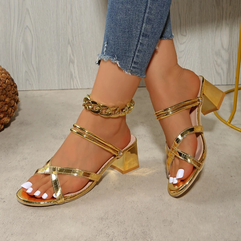 

2025 новые модные сандалии с узким ремешком, женские толстые повседневные туфли на высоком каблуке, сандалии с запахом на щиколотке, женская обувь для женщин