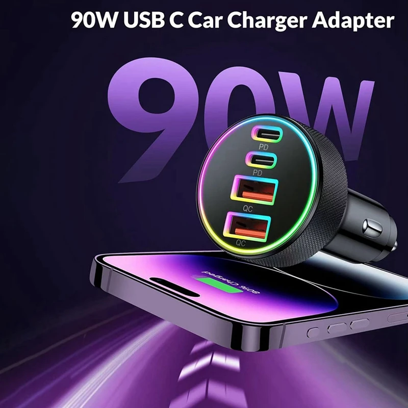 AT82-USB C Car Charger, 4-Port 90W Dual USB-C & USB-A Car Charger Adapter With Light PD/QC Multi Port Fast Charging Adapter