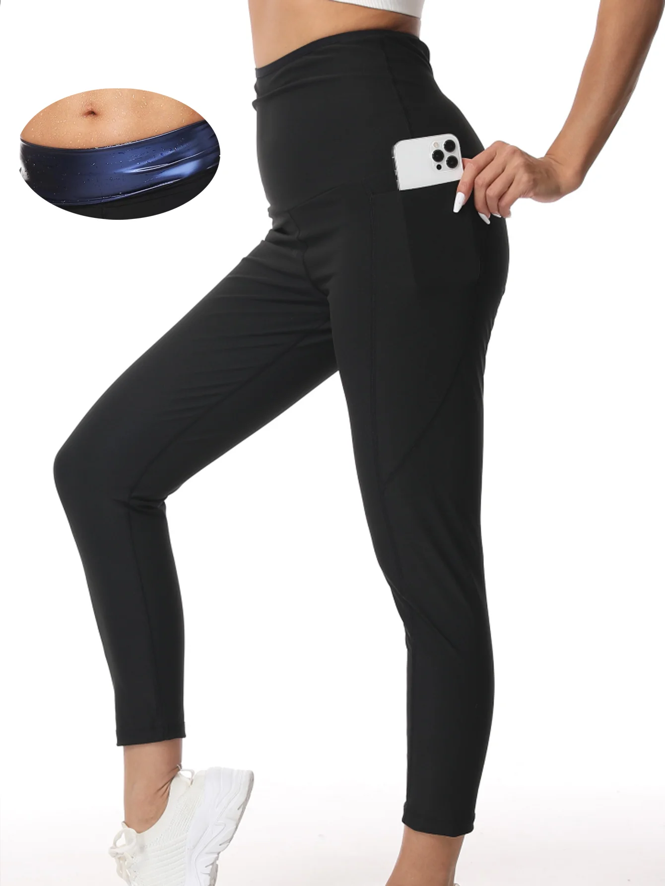Damskie spodnie sportowe do sauny styl kieszonkowy wysokiej talii podnoszenie bioder napinanie brzucha spodnie do jogi trening fitness spodnie spalające tłuszcz