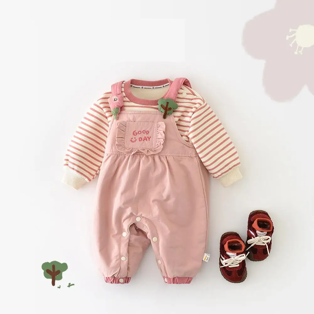 

2025 Winter New Baby Sleeveless Warm Romper Plus Velvet Thick Girls Sweet Princess Jumpsuit Toddler Overalls Infant Clothes