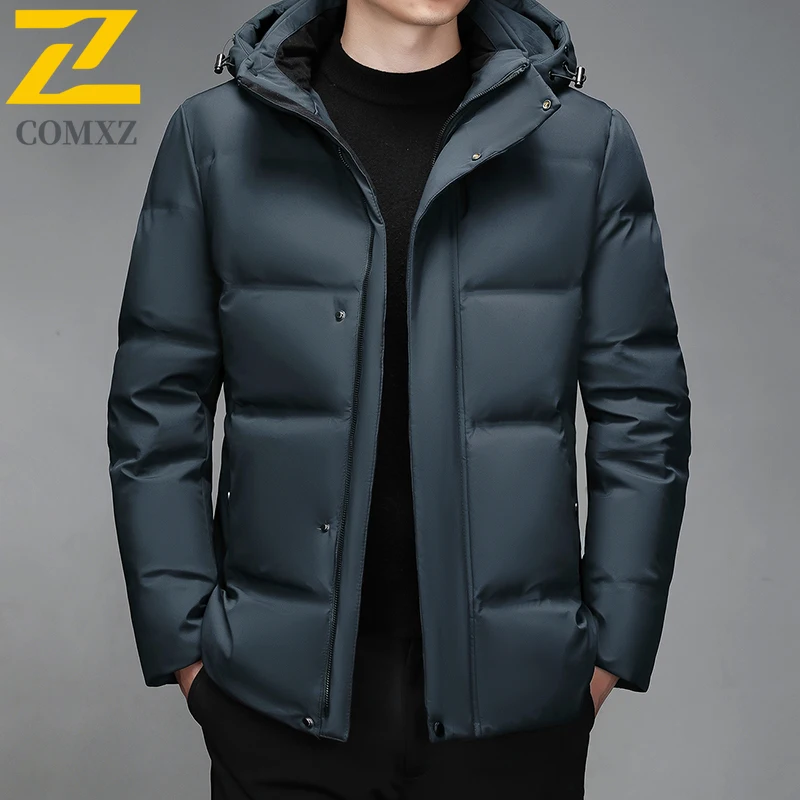 

Fashion Winter Down Jacket Mens Commuting Office Lightweight White Duck Down Coats Collar Hooded Warm Thick Quilted Jackets