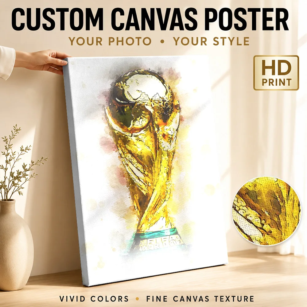 Golden Soccer Championship Trophy Framed Canvas Poster Bold Style Wall Decor With Customized Photo For Games Room Ideal Fan Gift