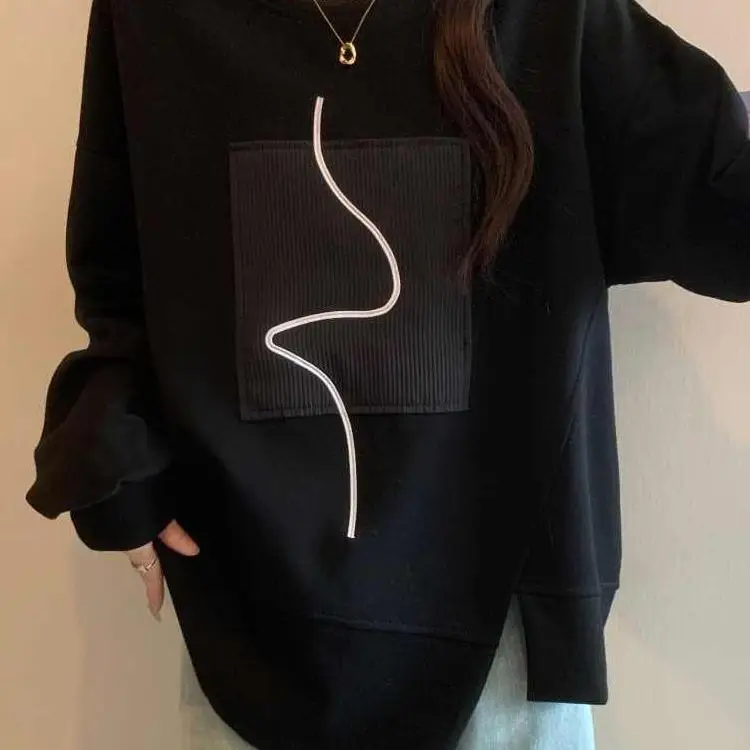 

Худи большого размера, черное, асимметричное, повседневное, удлиненное, с высокой талией, весна-осень, в корейском стиле, свободного кроя, с длинным рукавом, круглый вырез горловины