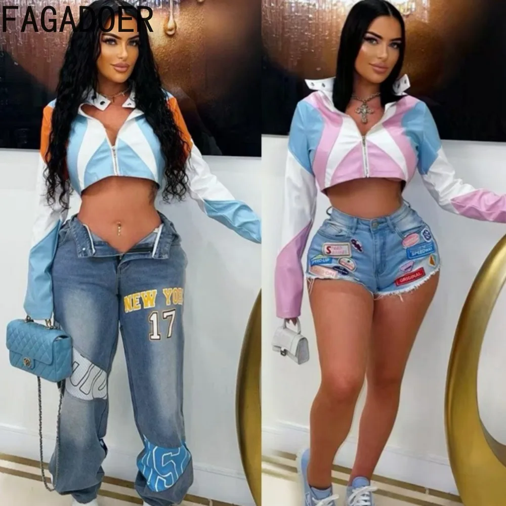 FAGADOER Punk Fashion Leather Patchwork Bodycon Jacket Woman Moto Color Block Long Sleeve Jacket Female Streetwear Clothing New