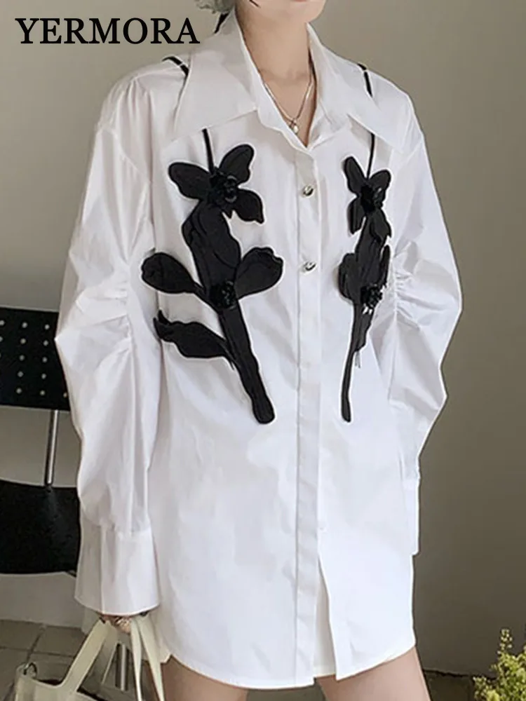 

YERMORA white spliced flower casual blouse for women lapel long sleeve loose fit new shirt fashion tide spring autumn 2025
