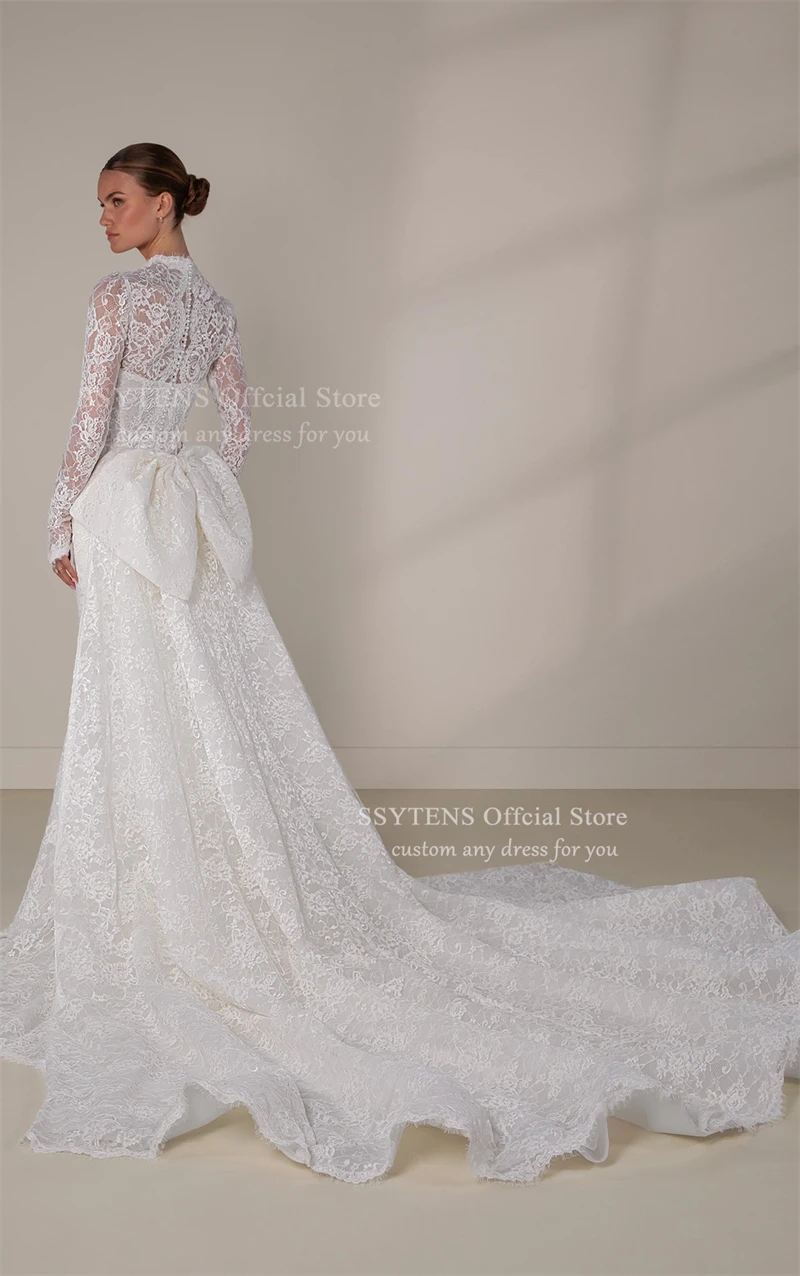SSYTENS Abiti da sposa in pizzo di lusso maniche lunghe scollo a V abito da sposa staccabile fiocco treno guaina abiti da sposa a sirena personalizzati