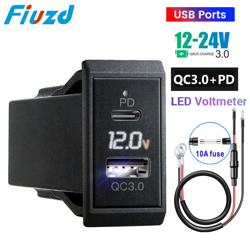 

12V Dual USB Car Charger Socket QC3.0 and PD Fast Car Charger With Voltage Digital Display Intelligent Shunt Power Outlet