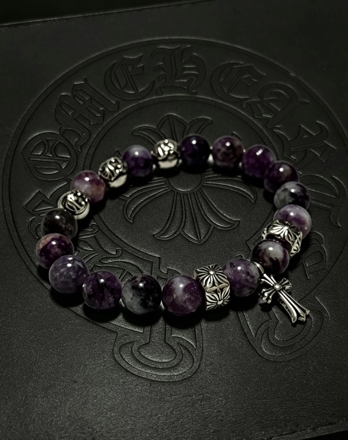 S925 sterling silver retro old charm cross CH bracelet cat eye beaded cross men's and women's jewelry