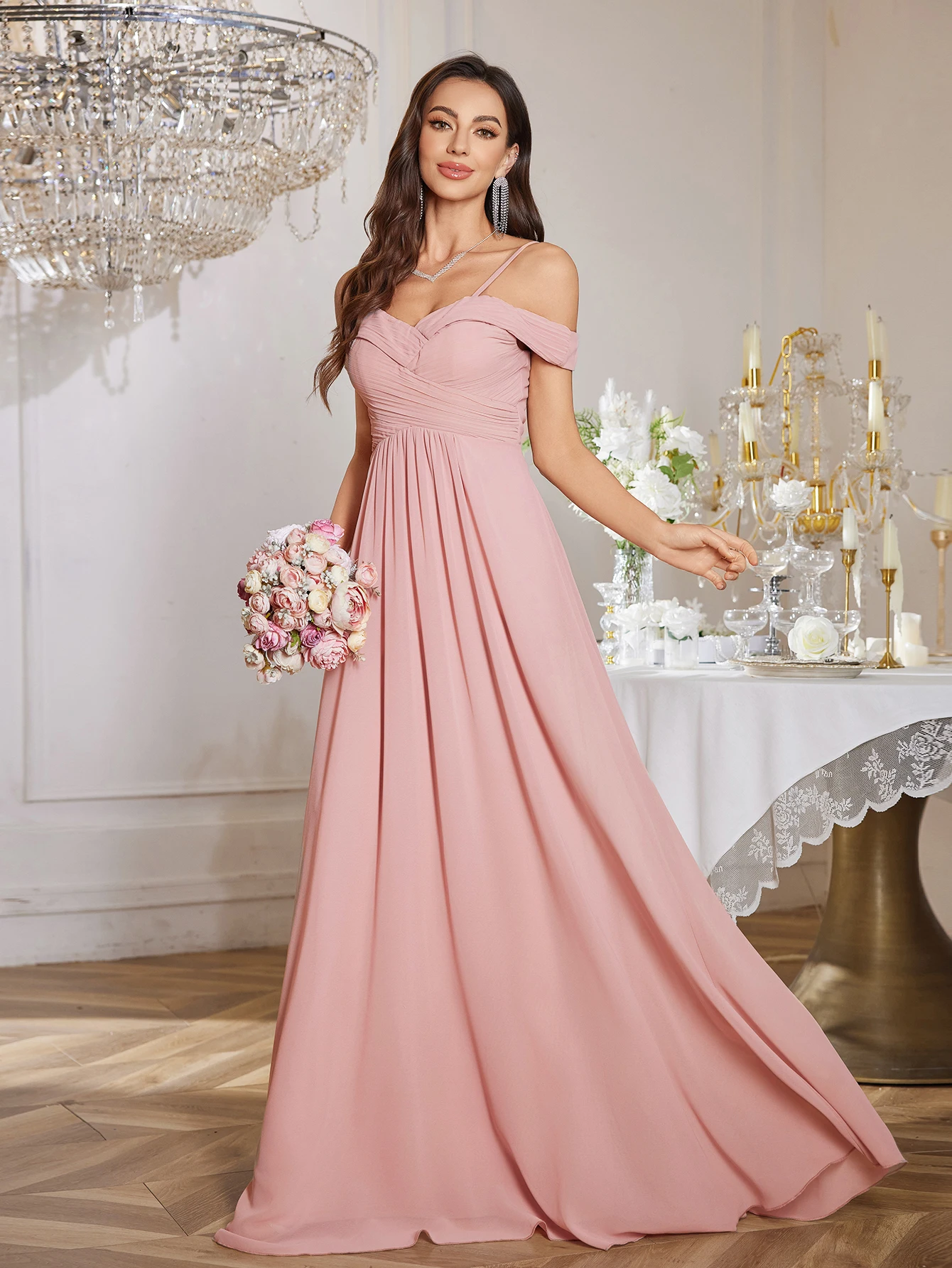 UNITHORSE Abito longuette elegante senza spalline in puro colore con orlo arricciato e vita incrociata per damigelle d'onore