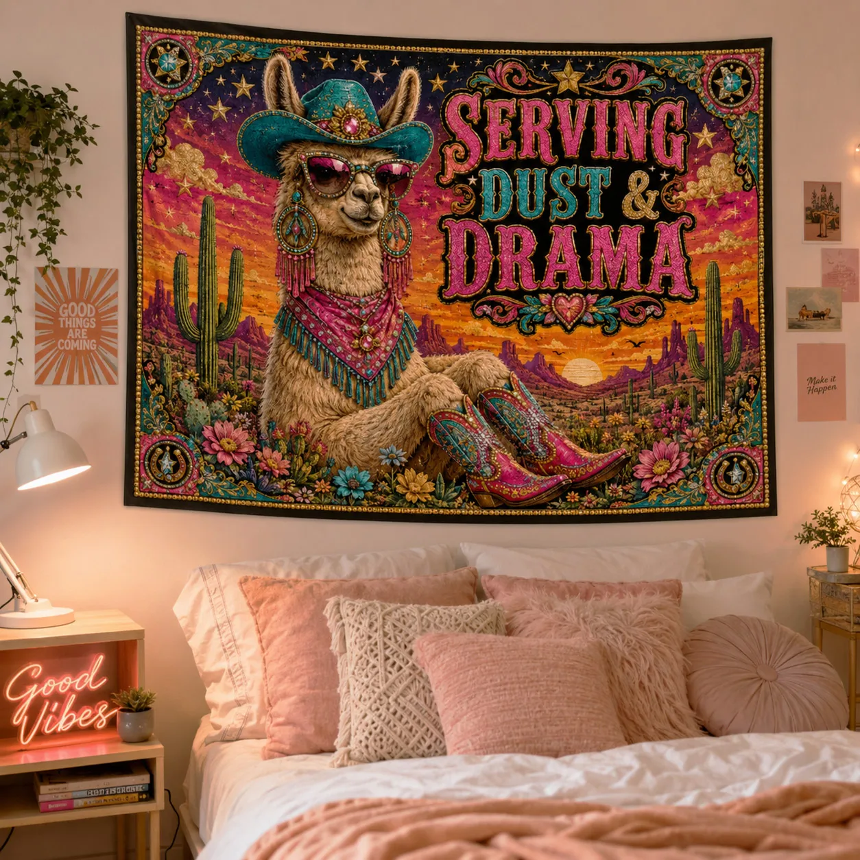 Western Boho Tapestry Wall Art Cute Animal Cactus Woven Blanket Retro Landscape Room Decoration Meme Photo Backdrop Cloth