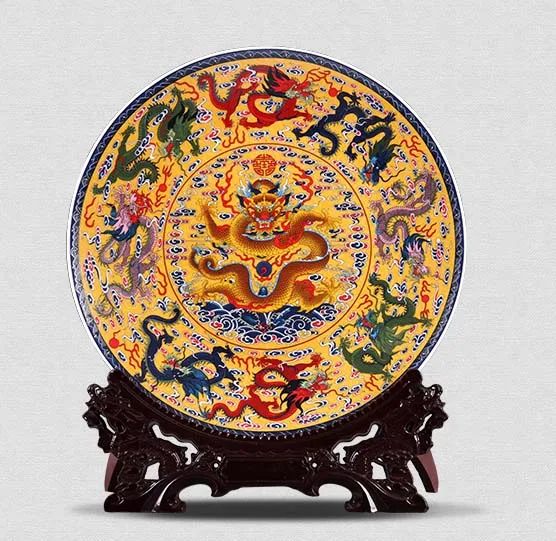 Special Offer TOP efficacious Town house GOOD LUCK FENG SHUI handicraft CHINA Royal dragon porcelain plate Decoration art