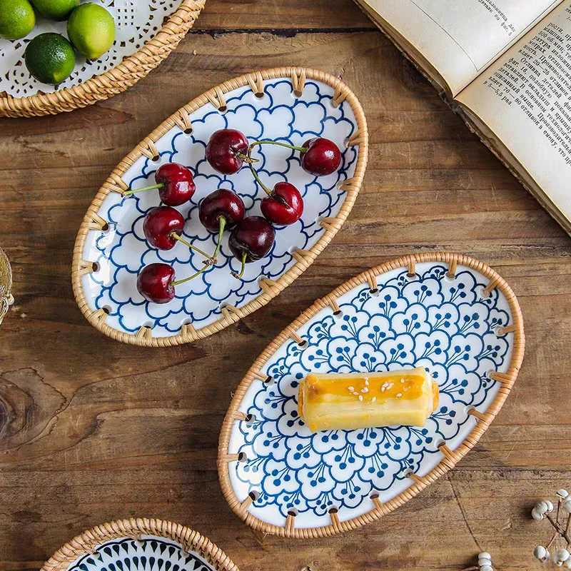 

Japanese Tableware Woven Ceramic Dinner Plate Snacks Dried Fruit Table Tea Table Cake Cookies Storage Shooting Props