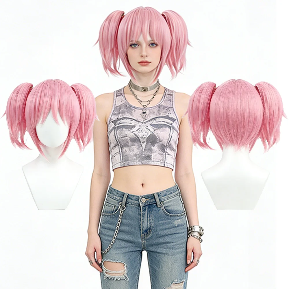 

Madoka Kaname Cosplay Wig Puella Magi Magica Pink Short Detachable Double Ponytail Heat Resistant Synthetic Anime Hair For Women