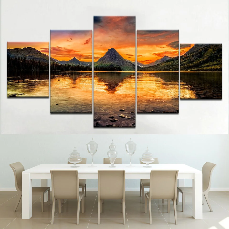 5 Panels Mountain Grassland Natural Landscape Canvas Painting, Snow Scene Wall Art, For Home Living Room Bedroom Decor, No Frame