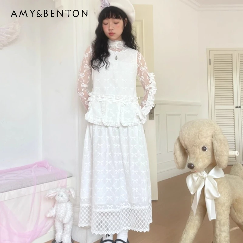 

Vintage White Cute Bow Embroidered Women's Long Skirt 2025 Spring Summer Autumn New Sweet Versatile Mid-Length Skirts Ladies