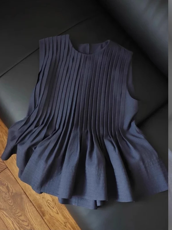 

Корейский Sle круглый Ne Svel Accordion Pleat irt для женщин, лето 202, новый дизайн, сенсационная верхняя одежда, майка