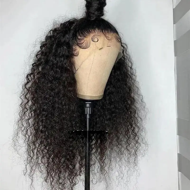 Peluca rizada con malla frontal para mujer, pelo sintético prearrancado, resistente al calor, largo, 26 pulgadas, 180de densidad, color negro, sin pegamento