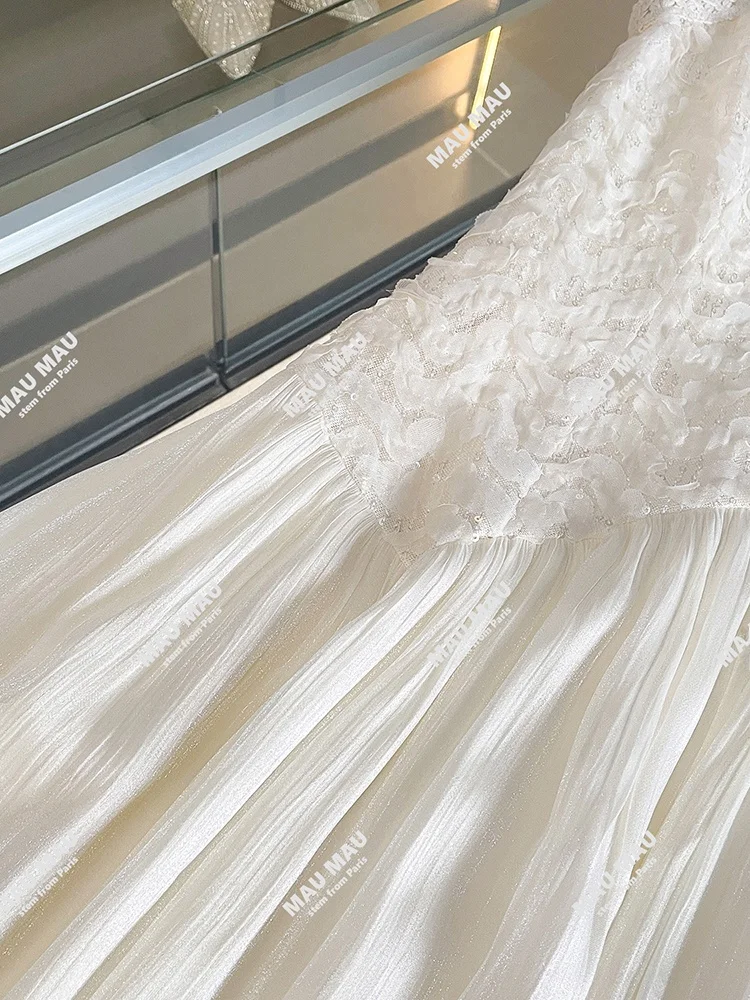 Summer High-End Women's Long Tea Rose Embellied Vest Dr Ele Commute Sle Midi A-Line Skirt Bal round Ne Dr