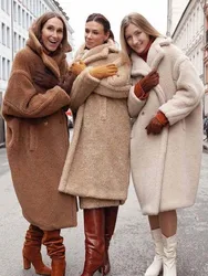 Winter Thick Jacket Women Faux Fur Lambswool Fleece Teddy Coat Female Fashion Solid Color Loose Long Sleeve Lapel Long Outerwear