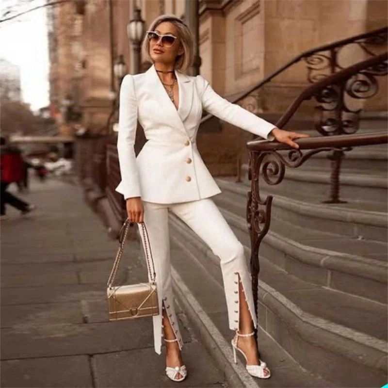 Mulheres Ternos Conjunto Elegante Para O Casamento Formal Branco Prom Dress Dividido Com Botões Party Blazer Tuxedos Jacket + Calças Custom Made