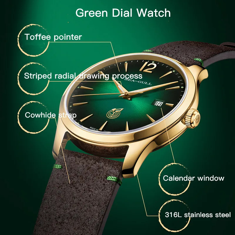 New 2022 Seagull Watch Men\'s Automatic Mechanical Watch Retro Green Dial Business Leather Strap For Man Wristwatch