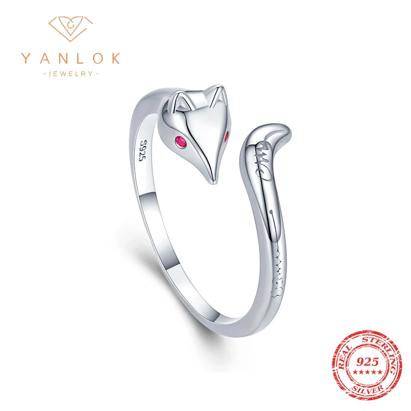 

YANLOK Genuine 925 Sterling Silver Cute Fox Ring for Wome Fashion Free Size Adjustable Silver Animal Rings Fine Jewelry