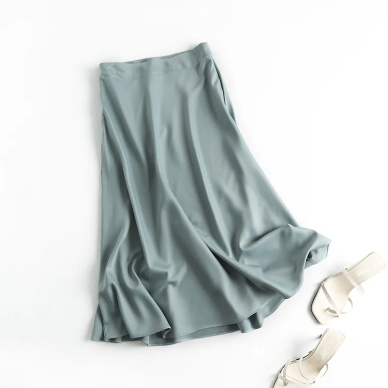 Summer Faldas Mujer Moda 2022 Midi Skirts Womens England Office Lady Satin High Waist Simple Elegant Long Skirt Women