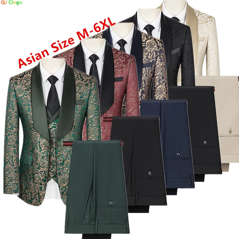 

Green Mens Embroidered Suit 3-Piece, Wedding Party Dress Jacket and Vest with Trousers, Beige Black Available, Asian Size M-6XL