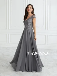 2025 Vestido de madre de la novia de manga corta con cuello en V para boda, apliques de cuentas brillantes, vestido de fiesta, vestido de noche de gasa personalizado