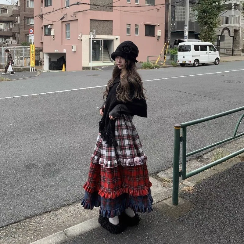 Fashion Vintage Y2k Plaid Color Clash Tweed Tiered Ruffle Skirt Women Autumn Winter British Style Christmas New Year Long Skirts