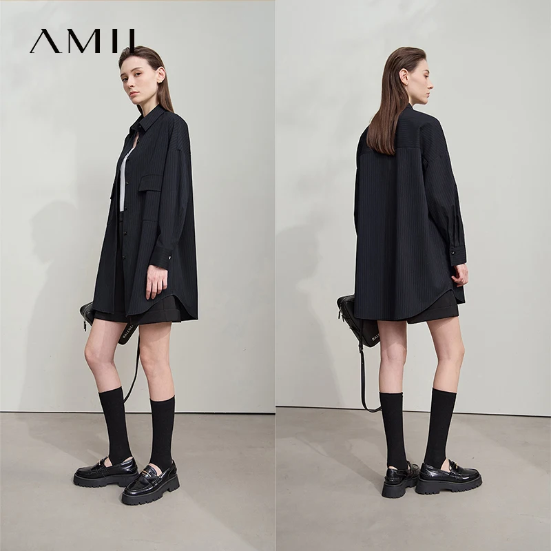 AMII الحد الأدنى الخريف بلوزات طويلة الأكمام 2025 موضة رقيقة شريط الترا فضفاض متوسط طول غير مرونة قمصان غير رسمية 12553032