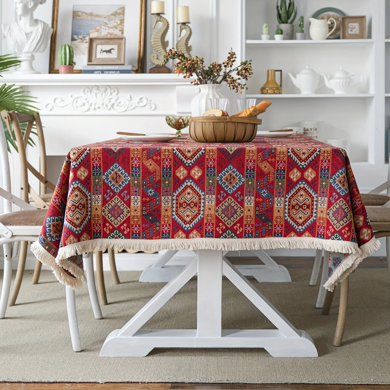 1pc Red Paisley Christmas Tablecloth - Thick Machine-Made Adhesive Vinyl Holiday Dining Table Cover for Festive Decor