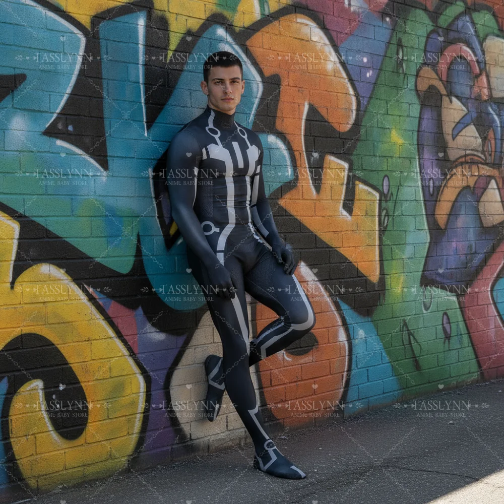 TRON Cosplay Zentai Bodysuit, Black White Circuit Line Jumpsuit, Men Sci-Fi Superhero Costume for Halloween Comic Con view 6