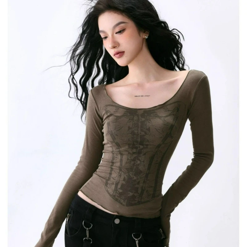 

New Fashionable Spicy Girl Fit Thin Long Sleeved T-shirt Short Top 2026 Spring Autumn Tie Dye Big Neckline Base Shirt for Women