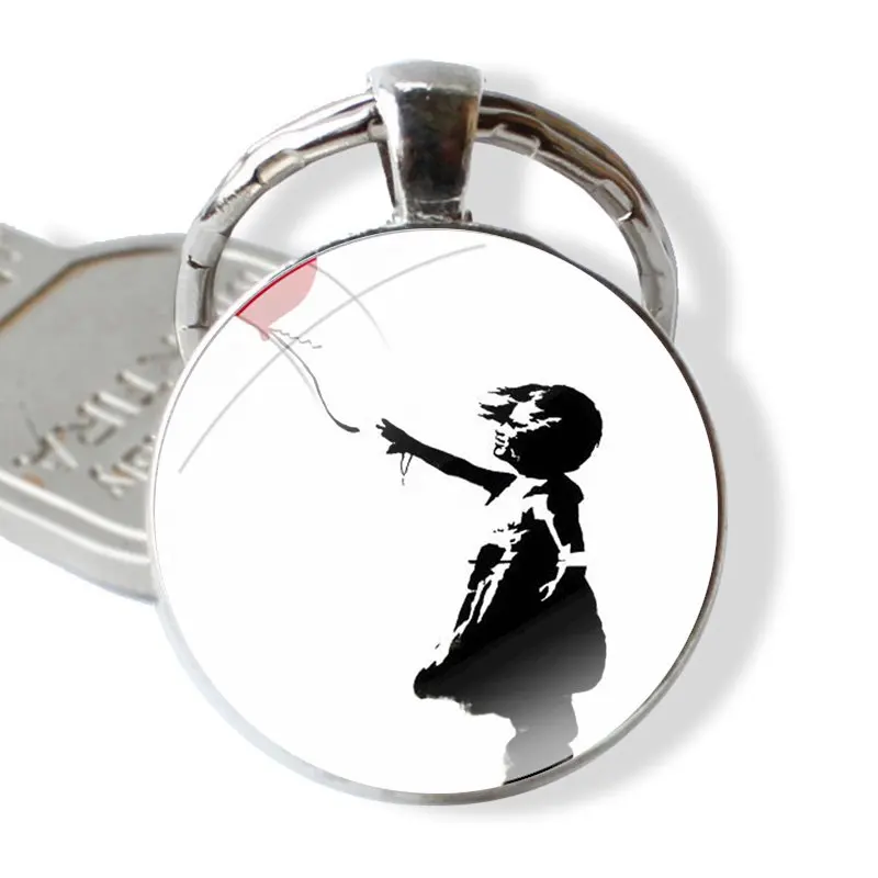 Keychain Handmade Glass Cabochon Key Ring Holder Pendant Key Chains Banksy Girl With Red Balloon