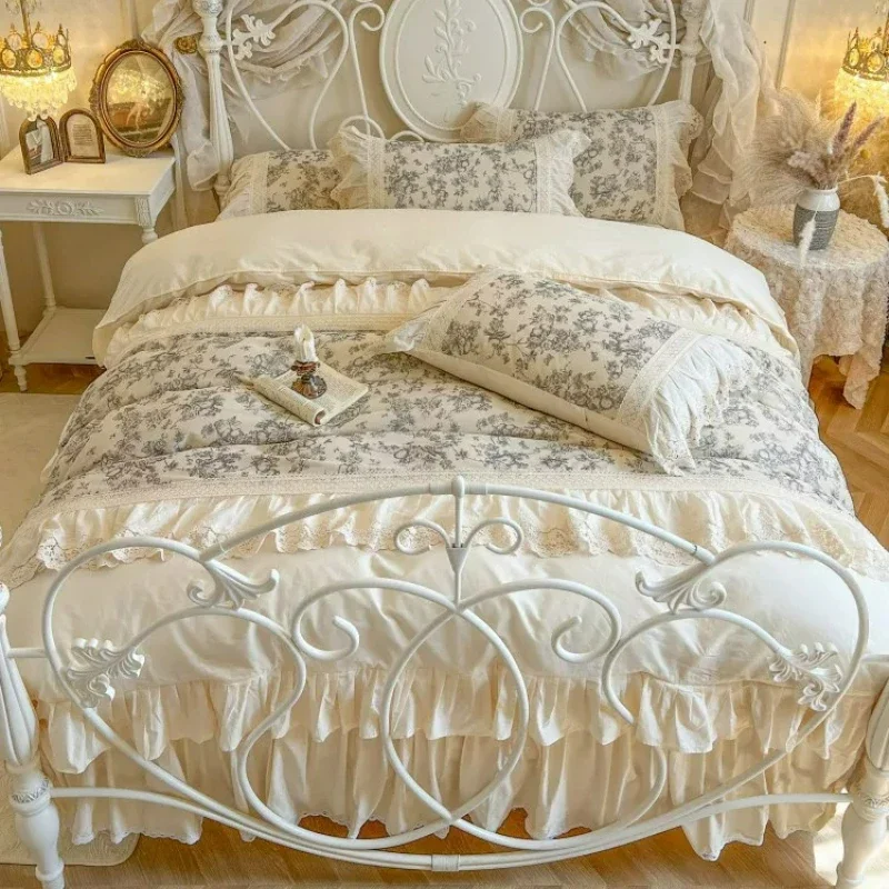 French Style Bedroom Vintage Princess Style All Cotton Four Piece Bed Set Floral Lace Duvet Cover Pure Cotton Bed Skirt Style 5