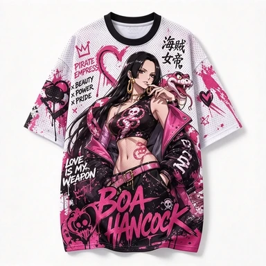 One Piece Queen Boya Hancock Street Graffiti Style Mesh Short Sleeve Shirt Sweet Cool Street Style Anime Casual Wear Trendy Top