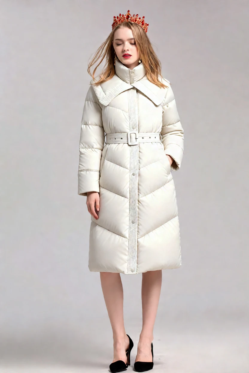 Manteau bouffant Long à ceinture pour femme, veste matelassée en duvet de canard blanc crème, Parka d'hiver chaude avec col, vêtements d'extérieur détaillés