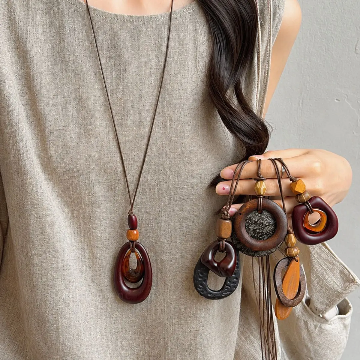 Necklace Wooden Geometric Long Sweater Chain Adjustable Brown Leather Cord Pendant Women Retro Ethnic Lightweight Daily Party