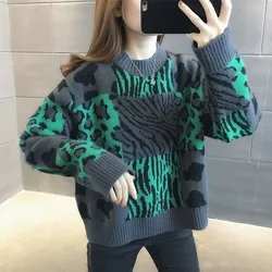 New Autumn/Winter Fashion Lazy Print Small Thickened Round Neck Loose Versatile Foreigner Women's Long Sleeve Knitted Sweater