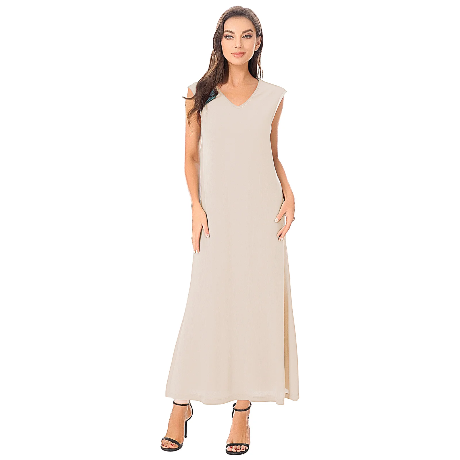 

Womens Elegant Nice Loose Dress V Neck Sleeveless Side Slit A-line Maxi Dress Solid Casual Sundress for Daily Travel Holiday