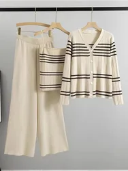Fashion 3 Piece Knit Striped Set Women Sexy Vest Long Sleeve Sweater Cardigan Elastic Waist Pants Women's Tracksuit Knitted Suit